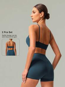 2 PCS CO Ord Set Women's Classic Spaghetti Strap Backless Sports Bra And High Waist Deep V Butt Lift Line Running Fitness Cycling Short - 藍色 - 查看 2