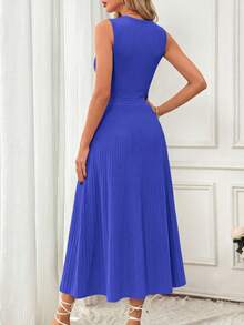 Women's Summer Mid-Length Dress Sleeveless Crew Neck Knitted A-Line Pleats Set Casual Wedding Guest Sundress - màu xanh sáng - Xem 5