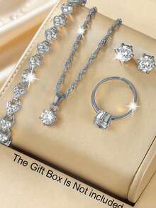 6pcs Luxurious And Elegant Women's Quartz Watch Set, Women's Silver Jewelry Set (Includes A Full-Rhinestone Silver Alloy Strap Chronograph Quartz Watch With A Rhinestone-Studded Dial, Heart-Shaped Rhinestone Silver Bracelet, Single Rhinestone Pendant Silver Necklace, Rhinestone-Studded Silver Earrings, Rhinestone-Studded Silver Ring). - Silver - View 5