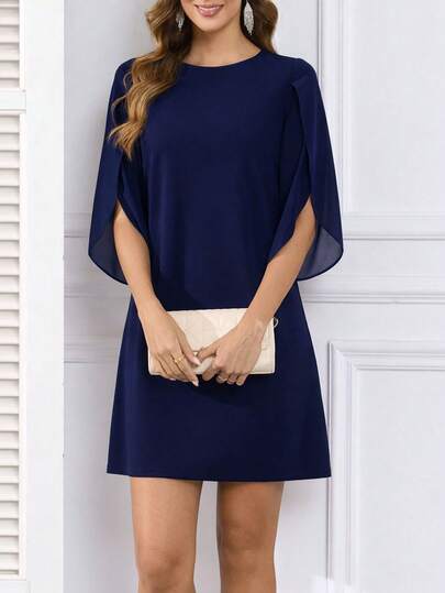 Women's Solid Color Round Neck Cocktail Party Ruffle Sleeve High Waist Chiffon A-Line Casual Dress Spring Elegant