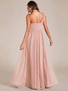 EVERPRETTY Spring One Shoulder Floral Applique High Slit Sheer Tulle Pink Bridesmaid Dress Elegant Wedding Guest Dress - Baby Pink - View 3