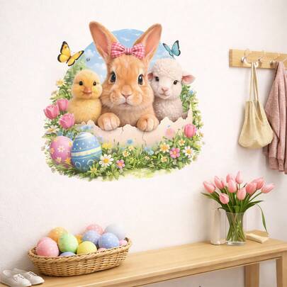 Easter Butterfly Floral Bunny Wall Stickers, Cartoon Animal Self-Adhesive Decals For Living Room Bedroom Entrance, Holiday Decor Essentials