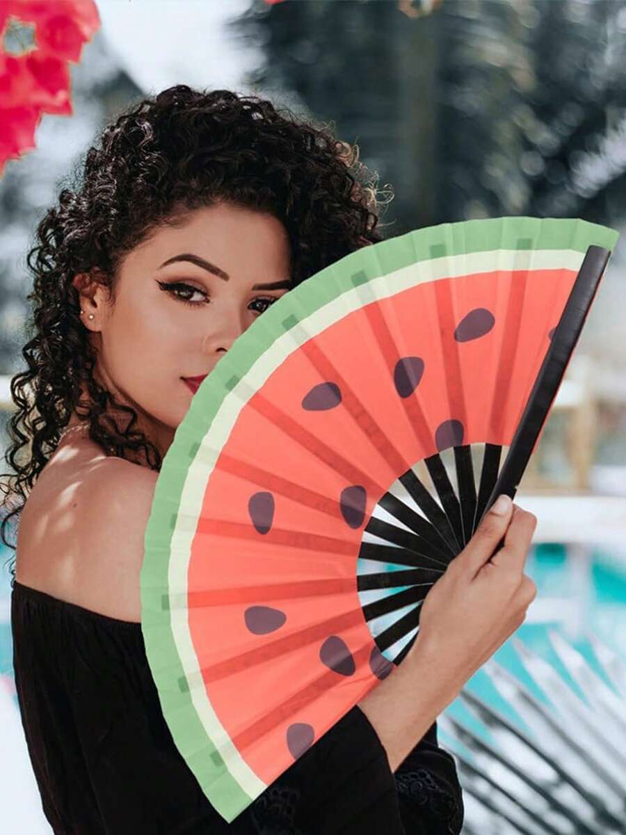 Set de 5 abanicos plegables con forma de sandía, apropiados para fiestas y actuaciones de festivales, ligeros, se pueden combinar con disfraces de arcoíris, discoteca, decoraciones de fiesta neón, diseño plegable para un fácil transporte - multicolor - Ver 1