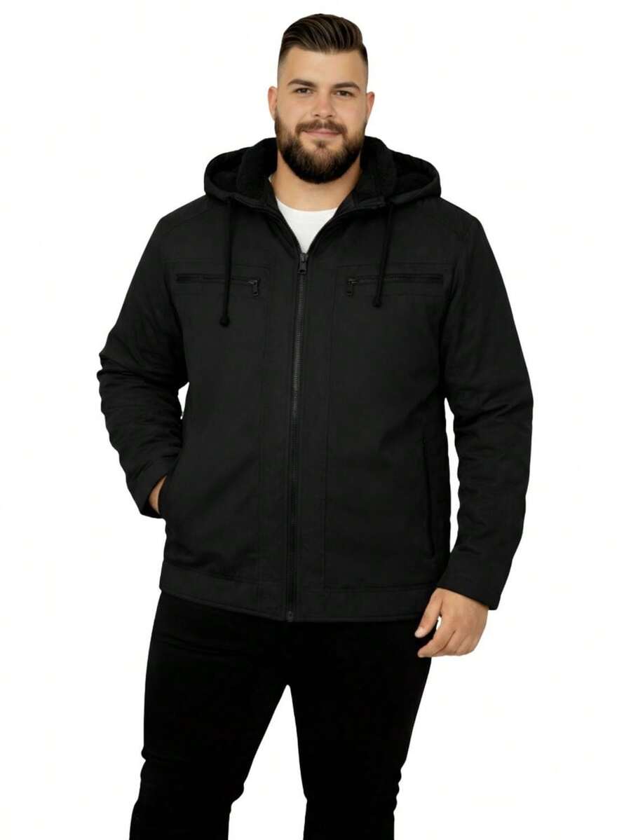 Men's Plus Size Lined Twill Jacket With Pockets - Black - View 1