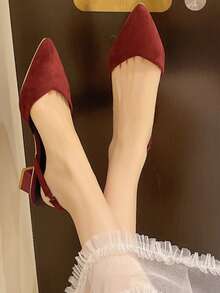 Women's New Pointed Toe Chunky Heel Sandals, Elegant Velvet Design - Red - View 4