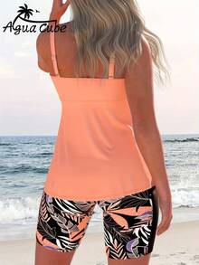 AguaCube Summer Beach Women'S Fashionable Casual Vacation Tankini Set With Plant Prints For The 26SS Summer - 珊瑚橙 - 查看 2
