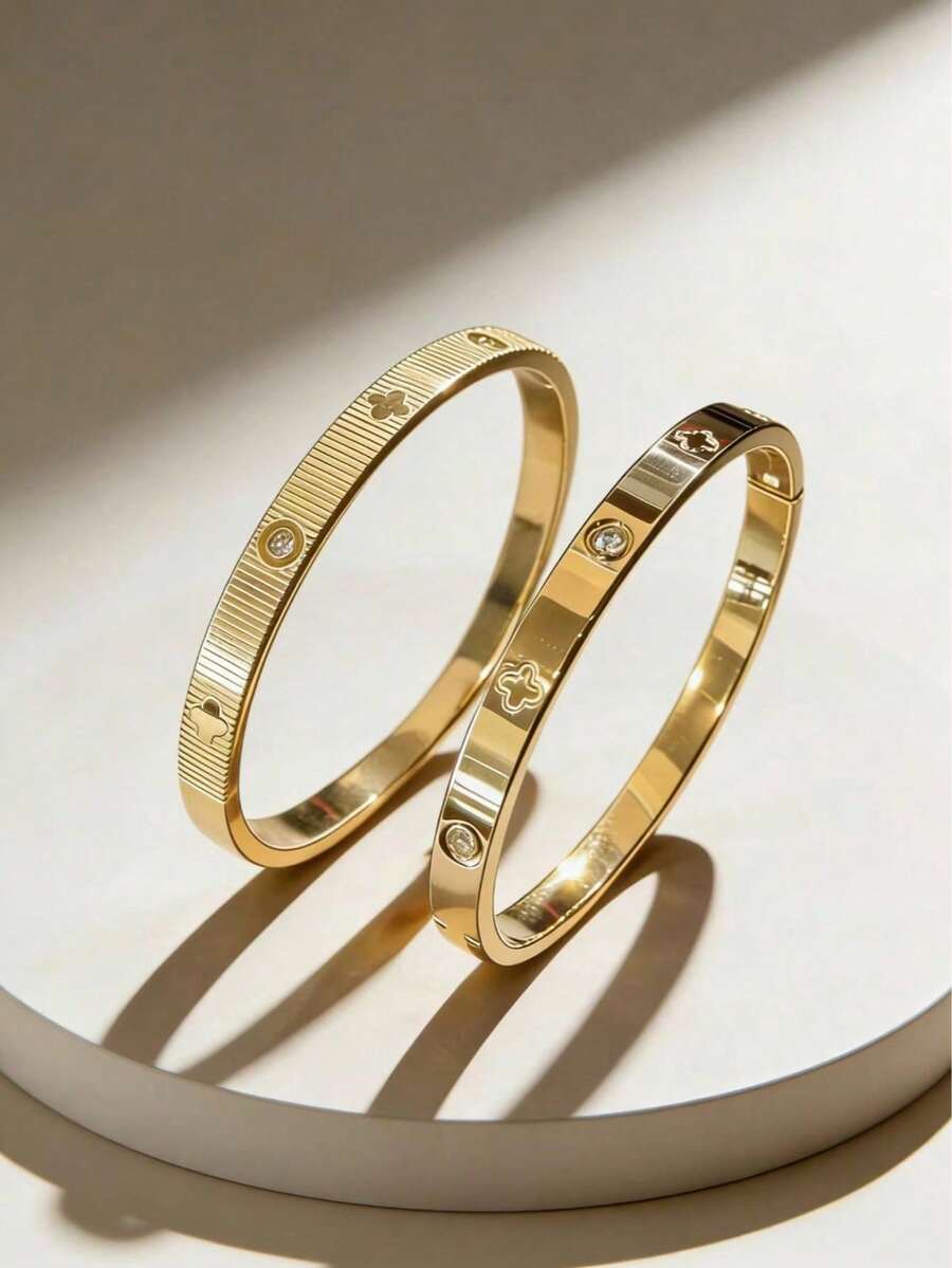 2pcs/1pc Classic Luxury Four-Leaf Clover Bracelet And Bangle Set, Women Fashion Jewelry Set, Suitable For Daily Wear, Gift - Gold - View 1