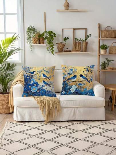 1/2/4pcs Vintage Blue & Golden Chinoiserie Bird & Flower Throw Pillow Covers, 17.7x17.7in Zippered Polyester Decorative Cushion Covers With Abstract Art Design, Perfect For Living Room, Sofa, Or Outdoor Decor, Outdoor Decor Pillows | Vintage Chinoiserie Design | Zippered Pillowcase, Decorative Pillows