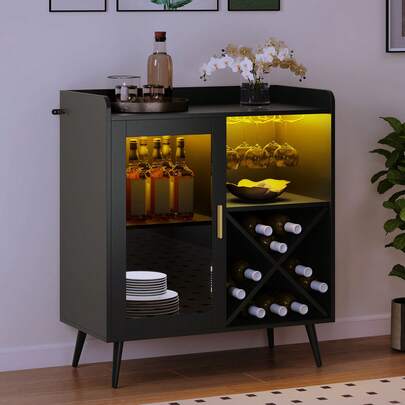 Small Bar Cabinet With LED Lights, Acrylic Door & Wine Rack, Coffee Bar With Cup Holders, Sideboard For Home Bar, Dining Room, Living Room, Or Kitchen, Black