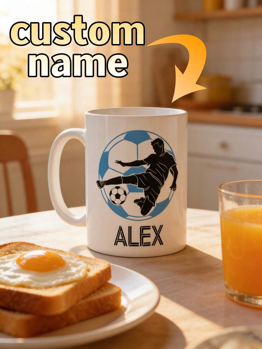 1pc Personalized Football Player Mug, Customized Name Coffee Cup, Football Fan Dad Husband Boyfriend Gift, Sports Ceramic Mug, Birthday Father's Day Anniversary Gift, Home Office Breakfast Gaming Daily Use - White - View 1