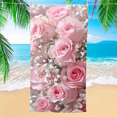 1pc Elegant Pink Rose & Baby's Breath Outdoor Towel - Super Absorbent, Machine Washable Polyester, Ideal For Beach, Pool, Yoga, Travel & Camping, Beach Towel