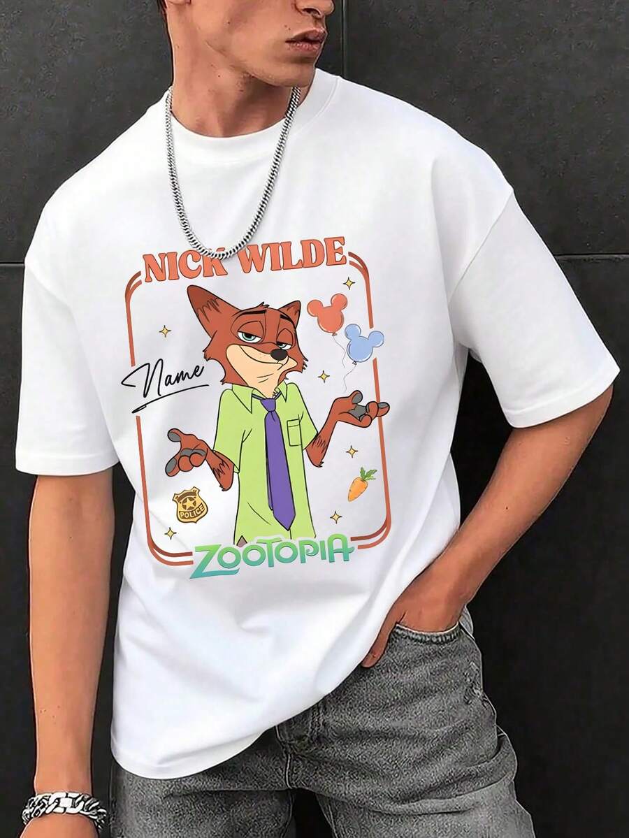 Disney Men's Casual T-Shirt, Zootopia Nick Wilde Signature Print, Soft Breathable Fabric, Perfect For Cartoon Fans & Disney Collectors - 白色 - 查看 1