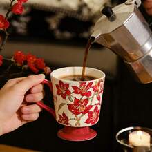 Retro Festive Cotton Flower Pattern Ceramic Mug, High-Quality Red Atmosphere Coffee/Tea Cup, Household & Office Couple Mugs, Great Gift For Holidays - Red - View 11