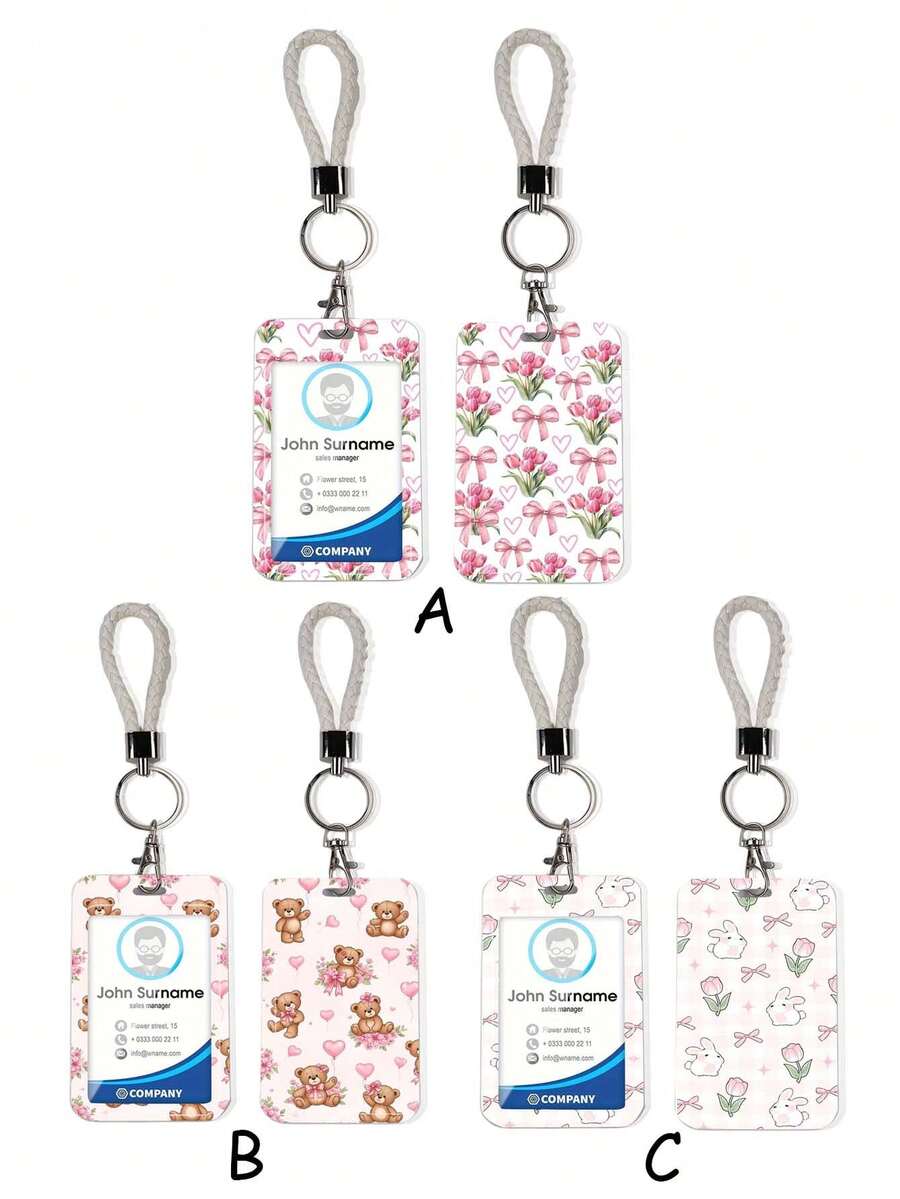 1pc ABS Cute Bear Holding Flower Pattern Fashion Cartoon Pull-Push Card Clip Keychain Bag Charm, Student Wristband Card Clip, Women Student Card Clip, ID Bus Protection Sleeve, Student Campus Card Protection Sleeve - Multicolor - View 1