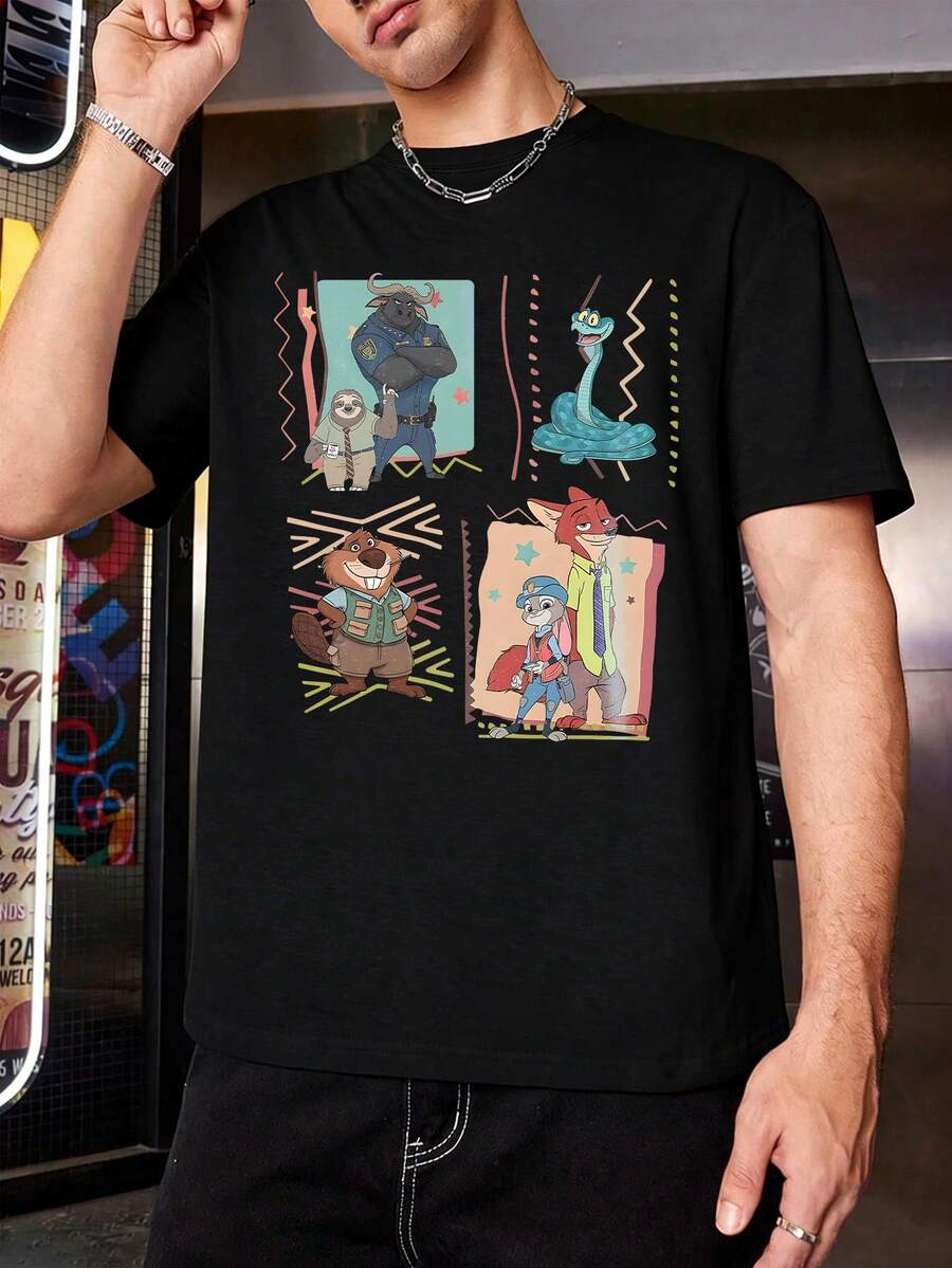 Disney Men's Casual T-Shirt, Zootopia Character Collage Print, Vibrant Colorful Design, Soft Fabric, Perfect For Movie Fans - 黑色 - 查看 1