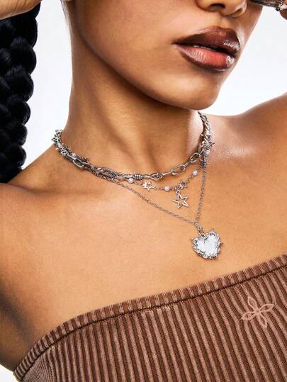 2pcs Multi-Color Retro Dark Punk Style Multi-Layered Rice Bead Metal Thorn Heart Star Pendant Necklaces, Valentine's Day Gift For Female Friends Valentines,Mom,Mother,Mother's Day,Gift