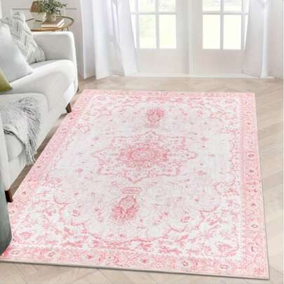 1pc Vintage Floral Design Pink Area Rug, Suitable For Bedroom, Living Room, Entryway And Home Office Bathroom Decor