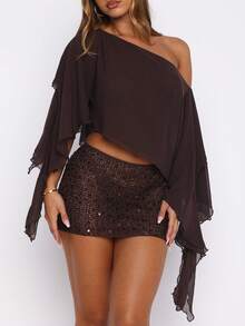 Women Y2k Sheer Chiffon Poncho Top Double-Layer Solid Color Off Shoulder Asymmetrical Shrug Flowy Shawl Wraps See Through Ruffle Vacation Beach Cover Ups - Màu nâu Sô-cô-la - Xem 4