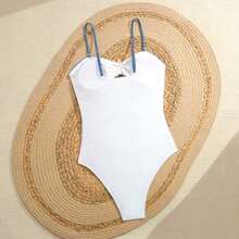 One-Piece Swimsuit With A Metallic Starfish Design Cutout At The Waist, Featuring Spaghetti Straps, In A Solid Color, Perfect For The Beach And Vacations, A New Summer Style. - Màu xanh lam - Xem 3