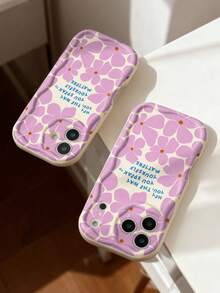 1pc Refreshing Floral & Positive Slogan Pattern Cream Asymmetrical Wavy Edge Unique Soft Phone Case Compatible With IPhone 11/12/13/14/15/16/17 Pro Max - Multicolor - View 3