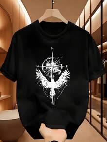 T-shirt n o ir à motif d'aile de boussole, confectionné dans une matière de haute qualité, coupe décontractée et confortable, style hip-hop urbain, imprimé original. - Noir - Voir 2