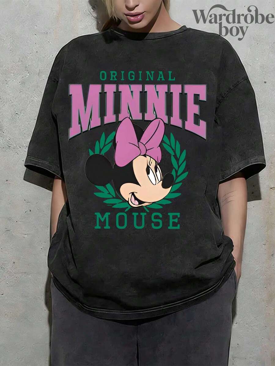 Disney Printed Wash Water T-Shirt,Classic Minnie Mouse Printed  T-Shirt,Unisex,High-Quality Pure Cotton T-Shirt,Suitable For All Seasons, Comfortable And Breathable| Exquisite Design | The Best Choice For Giving Gifts - 黑色 - 查看 1