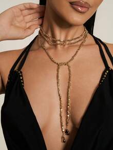 Altistry 1 件奢华闪亮 CBB 仿金属串珠长项链，个性化金属圆盘流苏吊坠项链，适合女士，适合派对、礼物和日常佩戴 - 金色 - 查看 3