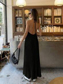 2026春夏新款优雅休闲百搭露背吊带米色连衣裙，适合约会、日常穿着、派对、度假、海滩、婚礼等场合，黑色款。 - 黑色 - 查看 6