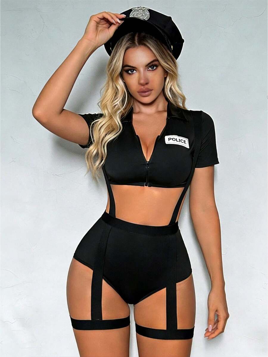 Women  Costume Cosplay Dirty Cop Uniform Halloween Officer Outfits - 黑色 - 查看 1