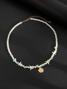1pc Fashion Ocean Style Metal Shell & Starfish Pendant Faux Pearl Necklace, Casual Vacation Party Wear For Men, Jewelry Gift - Multicolor - View 5