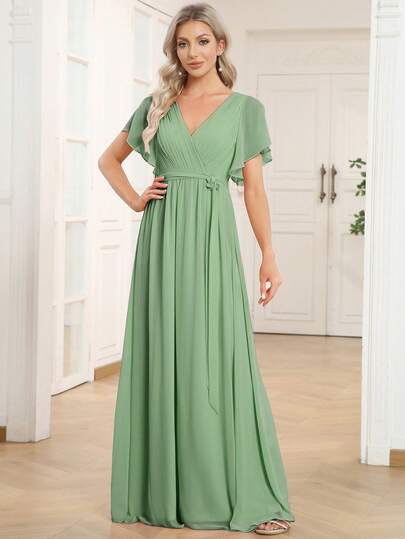Spring Elegant V-Neck Ruffle Flare Sleeve Chiffon Green Bridesmaid Dress Wedding Guest Dress Long Semi Formal Dress For Wedding Dinner