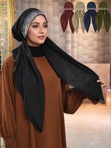 1件装女士亚麻弹力头巾帽，融合传统与现代风格，百搭时尚，适合日常通勤、文化活动、旅行、休闲聚会、宗教场合等。 - 燙鑽款 - 查看 14