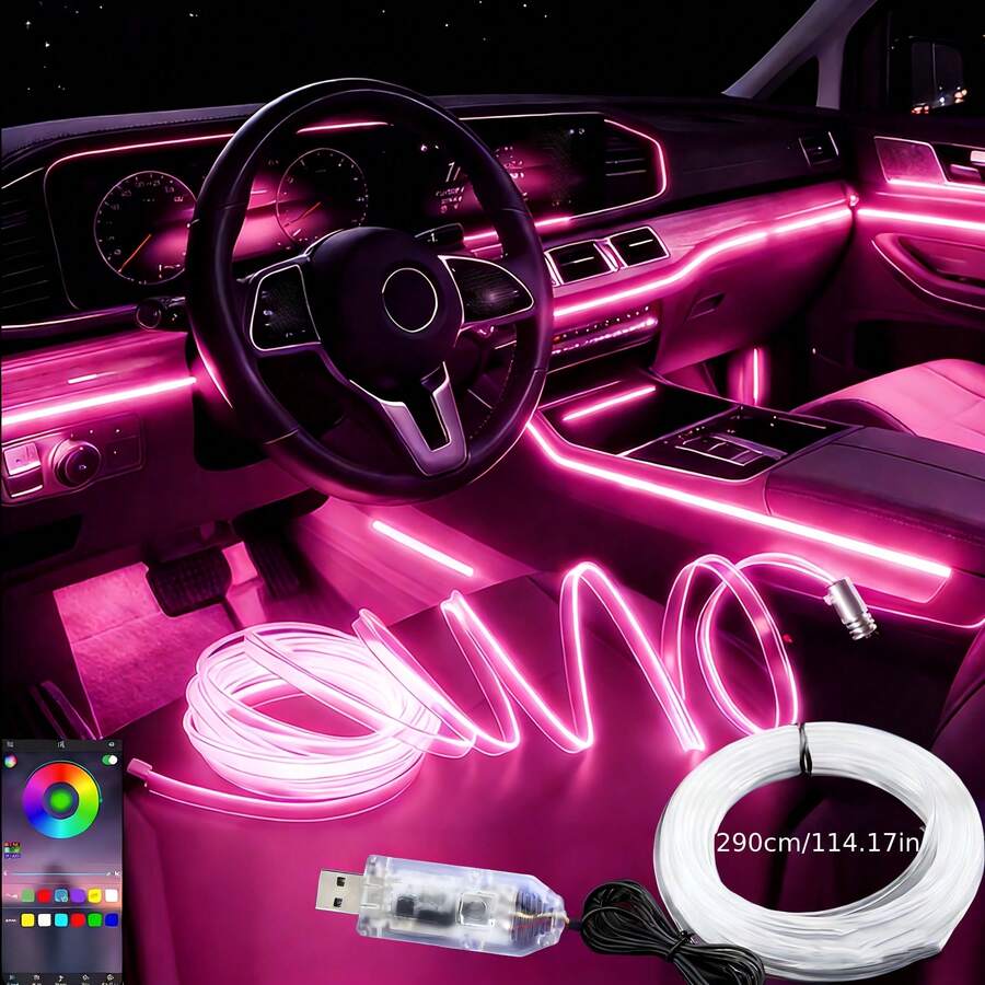 1 Set Of Car Ambient Lighting, 300cm/118inch Long Fiber Optic Cable, USB Interface, Mobile APP Music Rhythm Control, Car Interior LED Neon Light Accessories, Car LED Accessories, Gift. - 1 tow 1 car atmosphere light APP - 查看 1