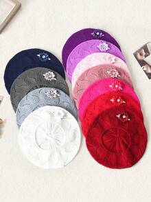 1顶女士水钻花朵镂空休闲贝雷帽，适合日常佩戴和聚会场合。 - 彩色 - 查看 7