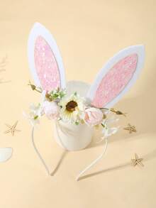 1 Set Fresh Cream Flower & Pink Lace Textured Glitter Easter Headband, Popular For Party, Vacation, Photo Shoot - Multicolor - View 2