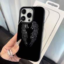 Alas de ángel con fondo negro brillante. Esta elegante funda negra es compatible con Samsung, Apple, VIVO, OPPO, , Transsion, ,  y Honor. Fabricada en silicona con textura de cuero, ofrece protección contra golpes y caídas, además de una sensación superior. Es un regalo ideal para familiares, amigos y seres queridos, y una opción perfecta para San Valentín y Año Nuevo. - Negro - Ver 2