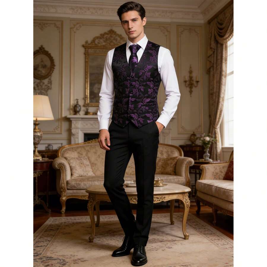 Conjunto de chaleco, corbata, pañuelo, gemelos para hombre, para uso formal y casual en bodas - Morado - Ver 1
