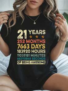 100% Cotton Vintage 21st Birthday Gift 21 Years Old 252 Months T-Shirt Graphic Tee Summer Tops For Women Round Neck Fashion Shirts Comfort Shirt - Black - View 5