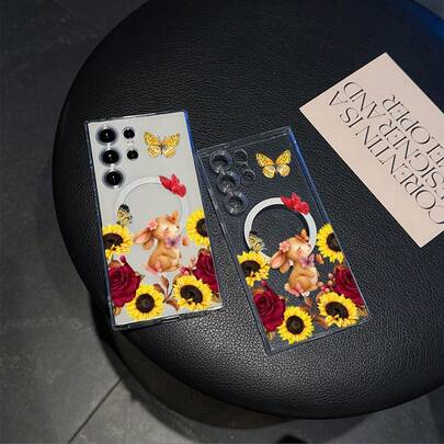 Rabbit Rose Sunflower Clear Phone Case Compatible With Samsung Galaxy S25 Ultra/S25 Edge/S24 Plus/S23 FE/S22/S21/S20 TPU Shockproof Transparent Magnetic Wireless Charging Phone Cover