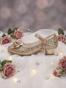 1 paire de talons hauts dorés pour filles 2026, chaussures de princesse élégantes, décorées d'un nœud doré et de strass pailletés, convenant pour les banquets, bals, mariages, fêtes, représentations, rassemblements familiaux et sorties - Doré - Voir 5