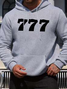 Men's New Style Personalized 777 Letter Print Casual Sweatshirt Fashion Drawstring Hoodie Autumn Winter Top Comfortable Versatile Long Sleeve Hooded Sweatshirt - Black - View 12