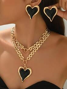 Conjunto de joyería de 3 piezas con collar de cadena multicapa, colgante de corazón a color y aretes, joyería elegante y de moda para mujeres, adecuado para el Día de San Valentín, Día de la Madre, regalos de cumpleaños para novia/madre, accesorio de moda versátil - Amarillo Oro - Ver 1