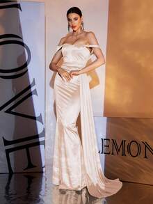 LOVE&LEMONADE 性感香槟色露肩露背缎带正式晚礼服 - 香檳色 - 查看 4