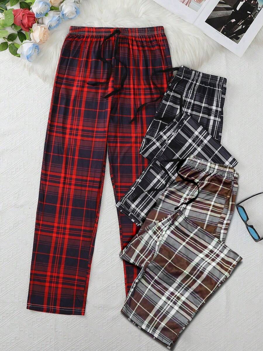 3pcs Men's Casual Plaid Print Sleepwear Set, Including Long Pants, Autumn/Winter - Multicolor - View 1