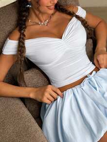 Petite Women Casual Off-Shoulder Top - Ribbed Knit With Chest Twist Design, Casual Elegant For Summer Date, Streetwear, Y2K Fashion, Vacation, Minimalist Daily Wear - White - View 3