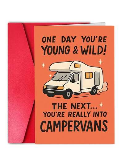 1张幽默露营车贺卡 | “冒险之旅即将开启！” 旅行冒险礼物，适合旅行爱好者 | 生日和庆祝贺卡，适合情侣/朋友外出，卡通纸质主题