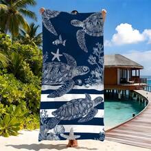 Navy Striped Sea Turtle Pattern Beach Towel | Vintage Cruise Essential, Soft Absorbent Sand-Proof Beach Blanket, Loose Swimwear Cover-Up, Unique Bridesmaid Party Favor, Retro Women Beach Accessory, Beach Party & Relaxation Necessity - Blue and White - View 1