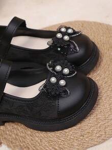 Zapatos planos con diseño de gancho y bucle, decoración de perlas y patrón bordado para niñas, adecuados para fiestas, festivales y uso diario, primavera/verano - Negro - Ver 6