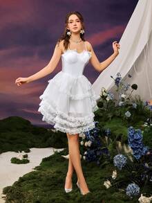 Faeriesty Gaun Pesta Elegan Berwarna Polos dengan Hiasan Renda dan Tali Bahu Tipis - Putih - View 5