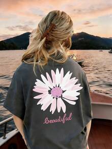 Tween Girl Floral Print Round Neck T-Shirt, Summer Top - Dark Grey - View 3